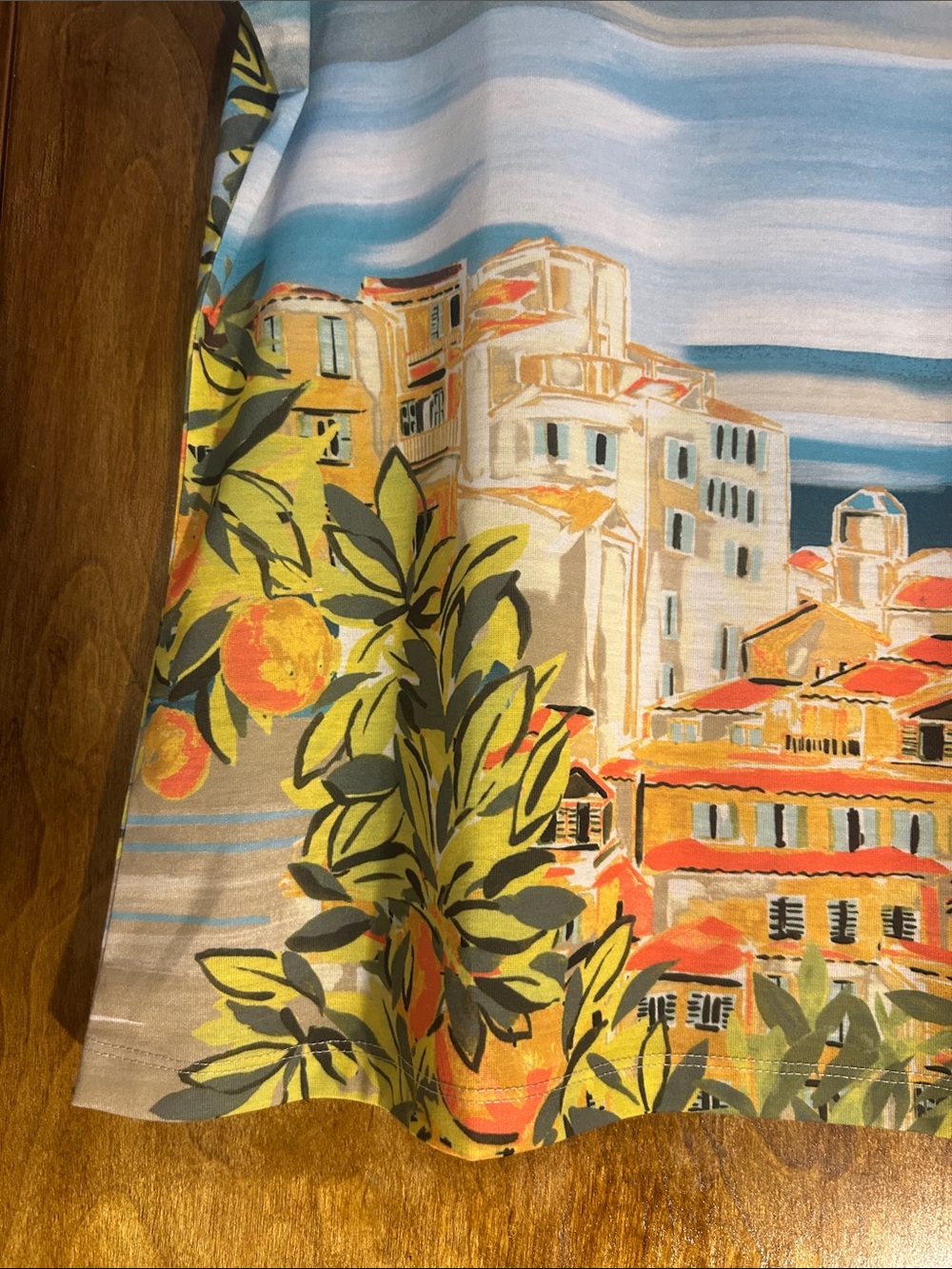 Allison Daley Coastal Village Scenic Short-Sleeve Top in Blue, Cream, Orange - Picture 4 of 7